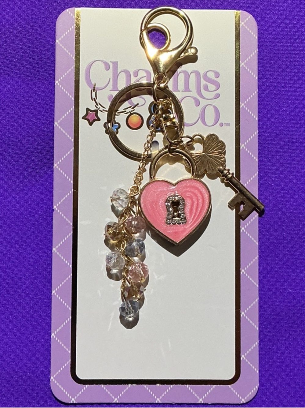🗝️Charms & Co Gold Keyring with Pink Heart Lock Charm